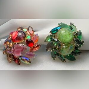 Vintage Rhinestone Brooch Pair Red & Green Art Glass Statement Pins